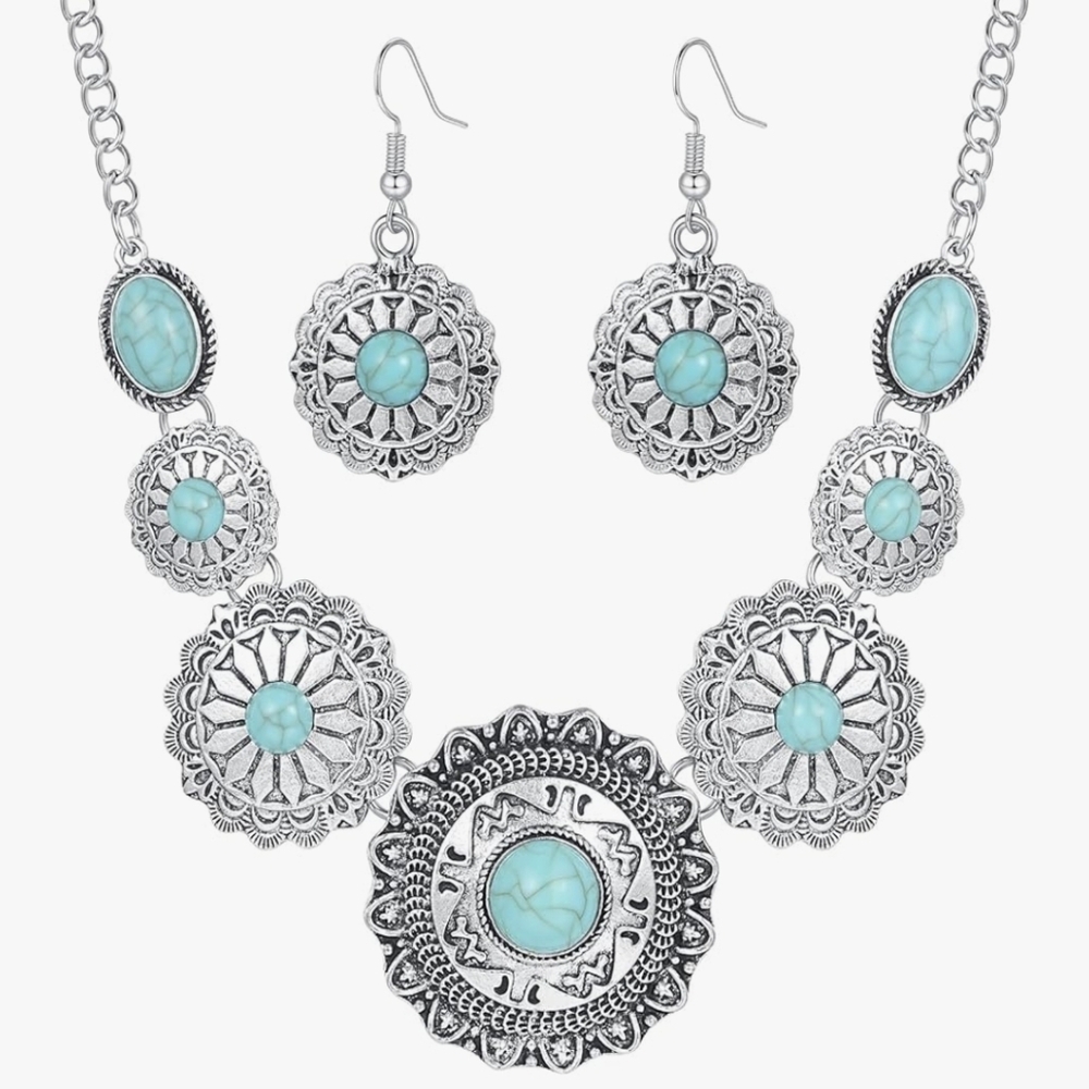 Turquoise Stone Silver-Tone Concho Necklace & Earring Set